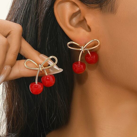 NEW Coquette Gold Bow Stud Earrings with Cherry, y2k jewelry, Cherry jewelry - Picture 4 of 4